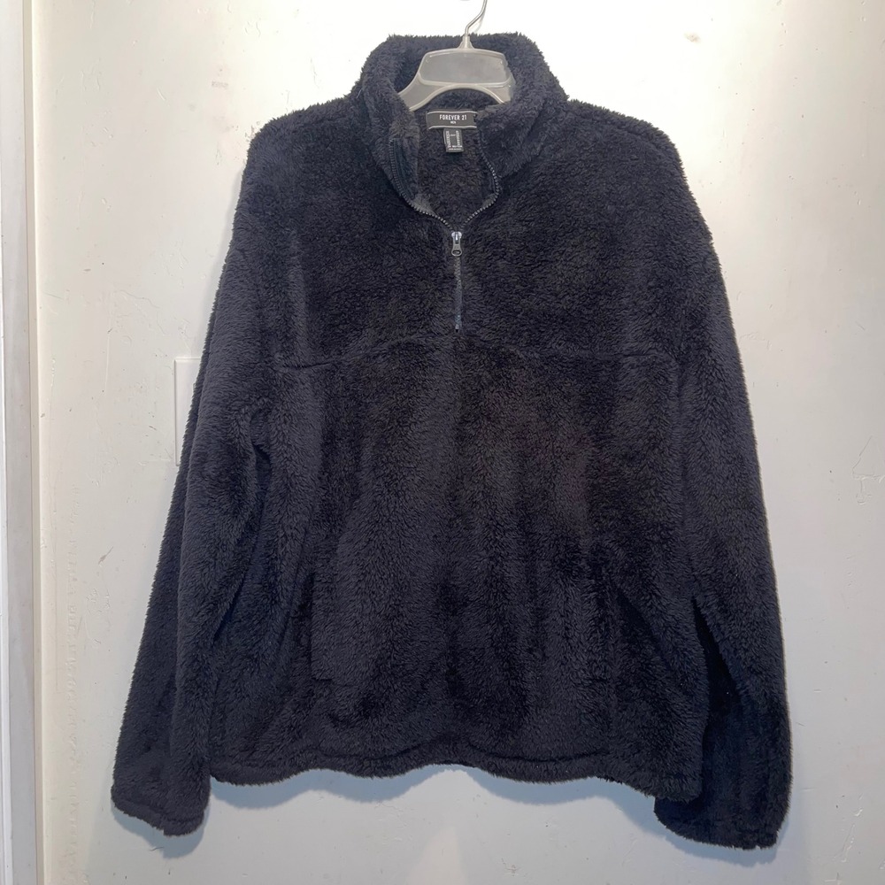 Forever 21 Men Black Sherpa Fleece Quarter Zip Pullover Sweater XL